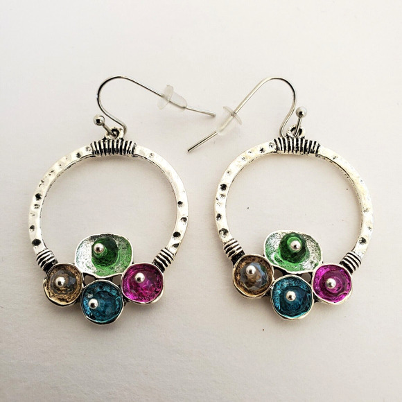 Boho Earrings Silver Tone Multicolor Dangle Ear Hook Hoop Women Jewelry - Picture 1 of 8